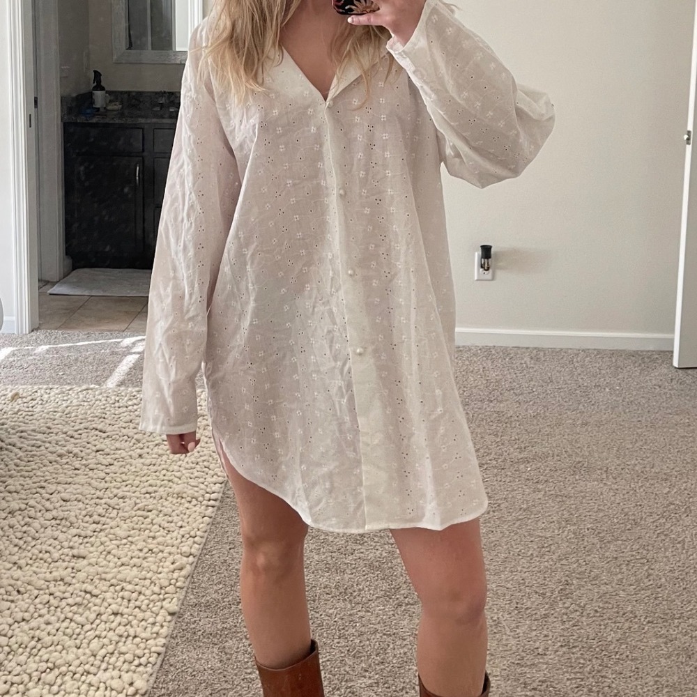 Vintage Oversized Coquette Classic Eyelet‎ Lace Button Front Shirt Dress